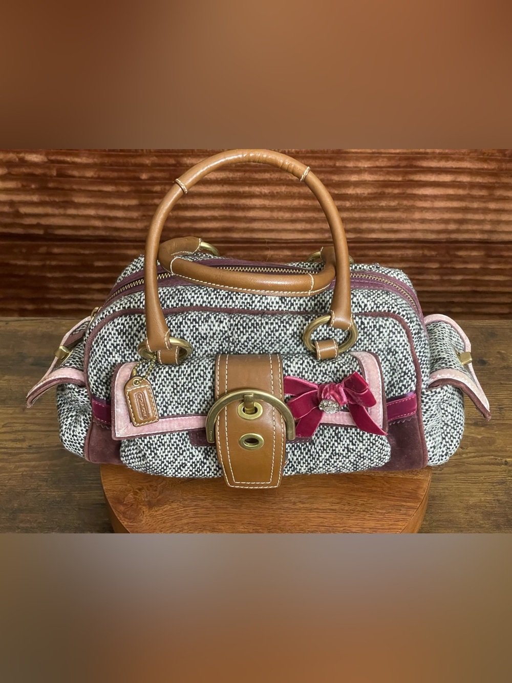 COACH SOHO Tweed & Suede Crystal Bow Satchel